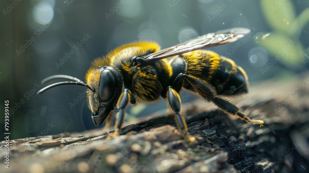 macro photo solitary Bee, natural and close-up background macro photo solitary Bee, natural and close-up background