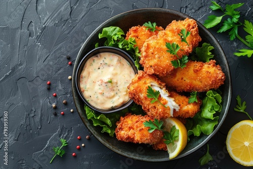 Breaded and fried fish fingers served with remoulade sauce and lemon.