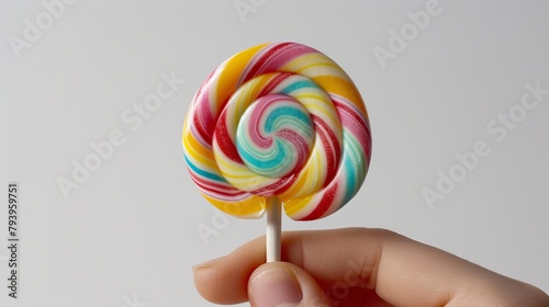 Close-up shot of a hand elegantly holding a swirl of colorful lollipop candy, isolated on a white background, ideal for photo advertisements, studio lighting