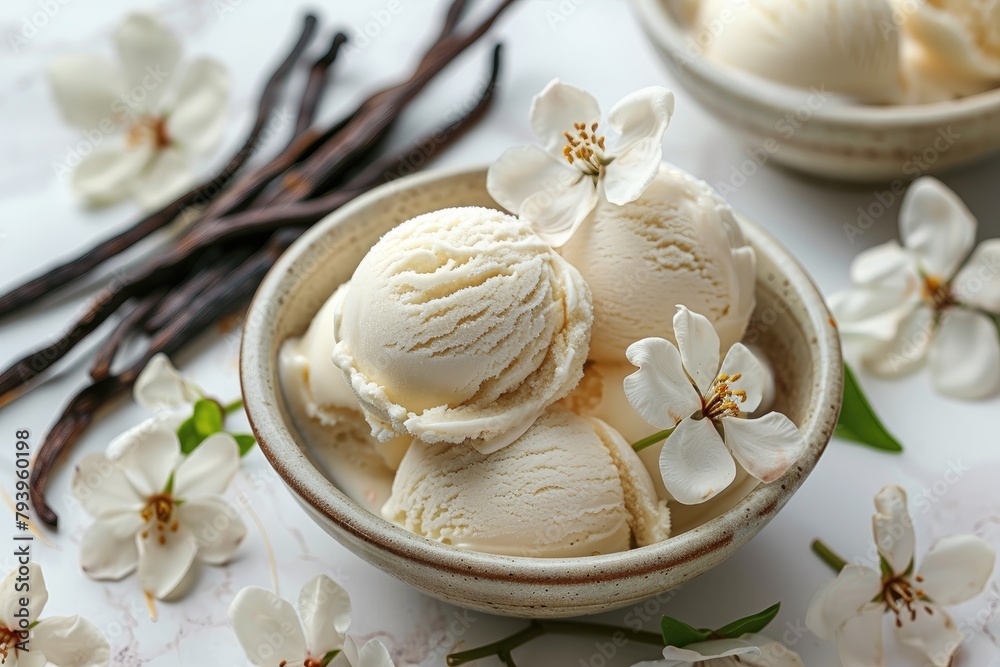 Vanilla ice cream with flowers and vanilla pods