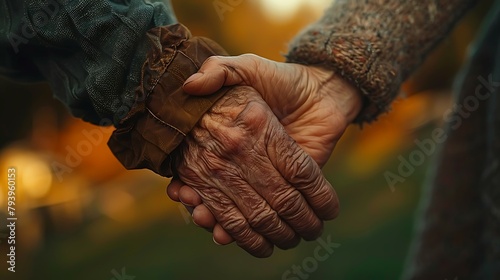 The hands of an old couple hold each other symbolizing love until old age. photo
