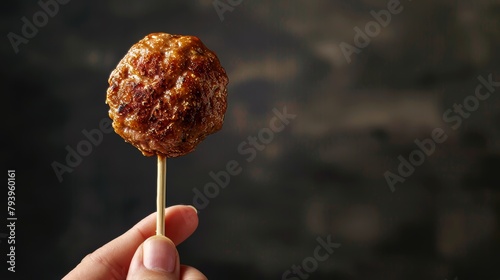 Creative food advertisement featuring a hand holding a meatball stick, highlighting the appetizing look with studio lighting, against an isolated background photo