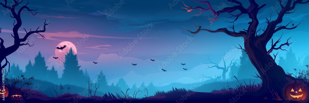 Spooky Halloween scenery with a full moon, silhouettes of trees, flying bats and pumpkin lanterns in a dark landscape