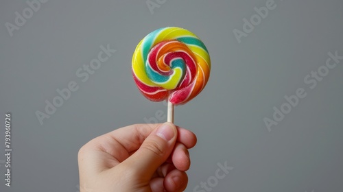 Dynamic image of a hand gripping a glossy colorful lollipop, popping against a neutral grey background, tailored for sweet treat marketing, studio lighting