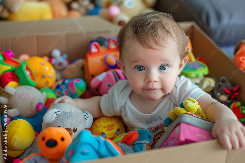 Obraz premium A baby reaches into a box of assorted toys - each random choice brimming with the potential for joy and new discoveries