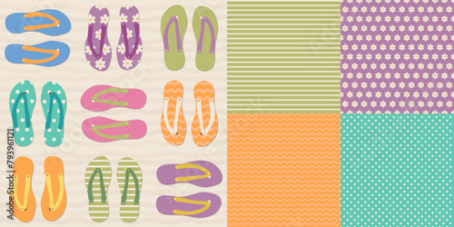 Seamless pattern set of colourful flip flops and matching stripe, polka dot and flower blender patterns.