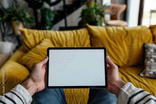 male hands holding a tablet with a blank screen in the living room