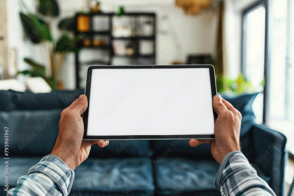 male hands holding a tablet with a blank screen in the living room male hands holding a tablet with a blank screen in the living room