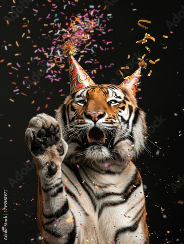 Happy Tiger Celebration with Confetti and Party Hat in Mouth, Fun Animal Portrait with Festive Atmosphere