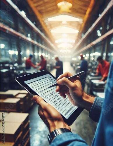 Close-up of hand writing on notebook, tablet in factory warehouse generative ai art