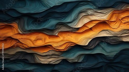 A wooden table with a blue and orange topographic map carved into it.