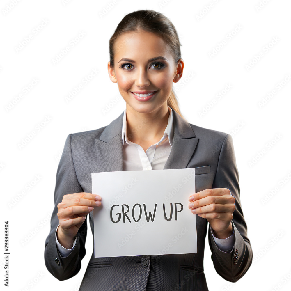 Professional woman holding a sign with the words Grow Up Professional woman holding a sign with the words Grow Up