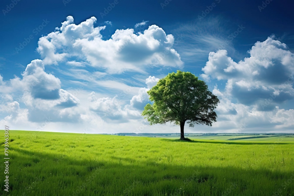 Fototapeta premium A beautiful green field with a single tree in the center.