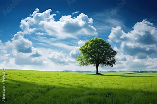 A beautiful green field with a single tree in the center.