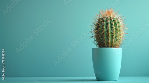 A blue and green still life of a cactus in a pot against a blue background.