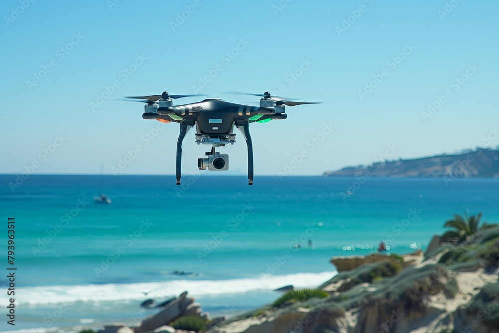 Close up quadcopter drone hovers above a serene blue ocean against a clear sky.