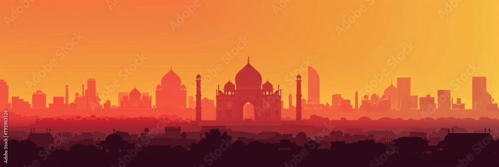 Minimalist Skyline of Delhi City with Taj Mahal and Iconic Landmarks at Vibrant Sunset