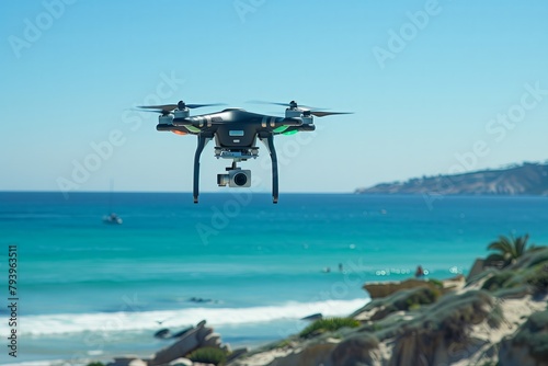 Close up quadcopter drone hovers above a serene blue ocean against a clear sky.