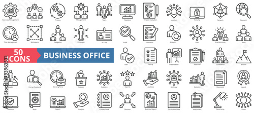 Business office icon collection set. Containing management, discussion, process, team, statistics, project evaluation, location icon. Simple line vector.