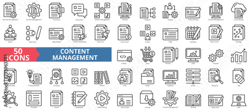 Content management icon collection set. Containing comment, discussion, writing, diagram, creator, online writing, cloud icon. Simple line vector.