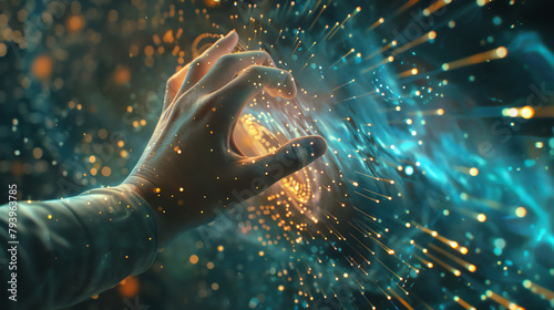 A hand reaching out to a spinning vortex of data flow, visualized as a stream of glowing particles and lines, representing interaction with digital information. photo