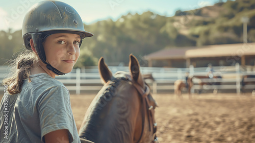 A kid on horseback during a riding lesson, looking at the camera, framed by the riding arena in the background, emphasizing the learning environment. © arhendrix