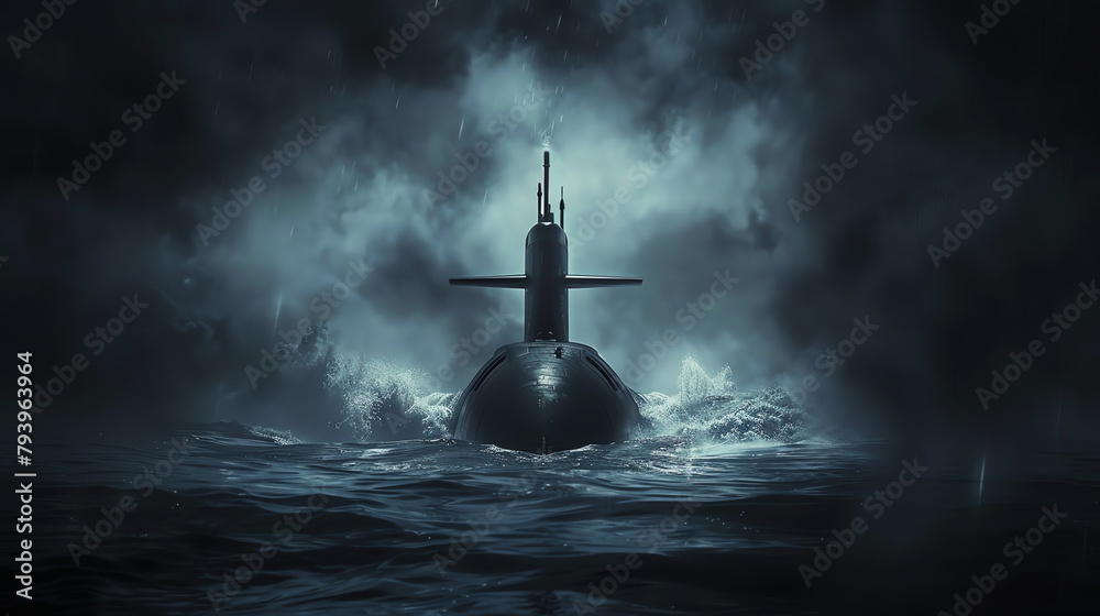 A military submarine emerging from the depths of a dark ocean, with water cascading off its surface, symbolizing stealth and power.