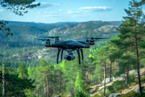 Close up camera-equipped drone hovers amidst green forested hills under a clear sky.