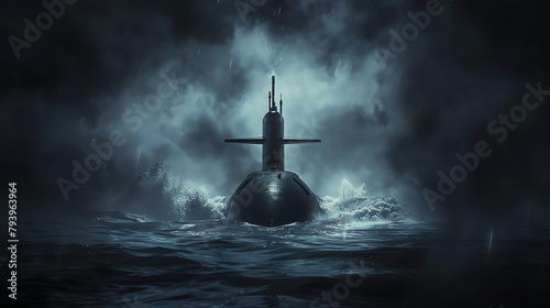 A military submarine emerging from the depths of a dark ocean, with water cascading off its surface, symbolizing stealth and power. photo
