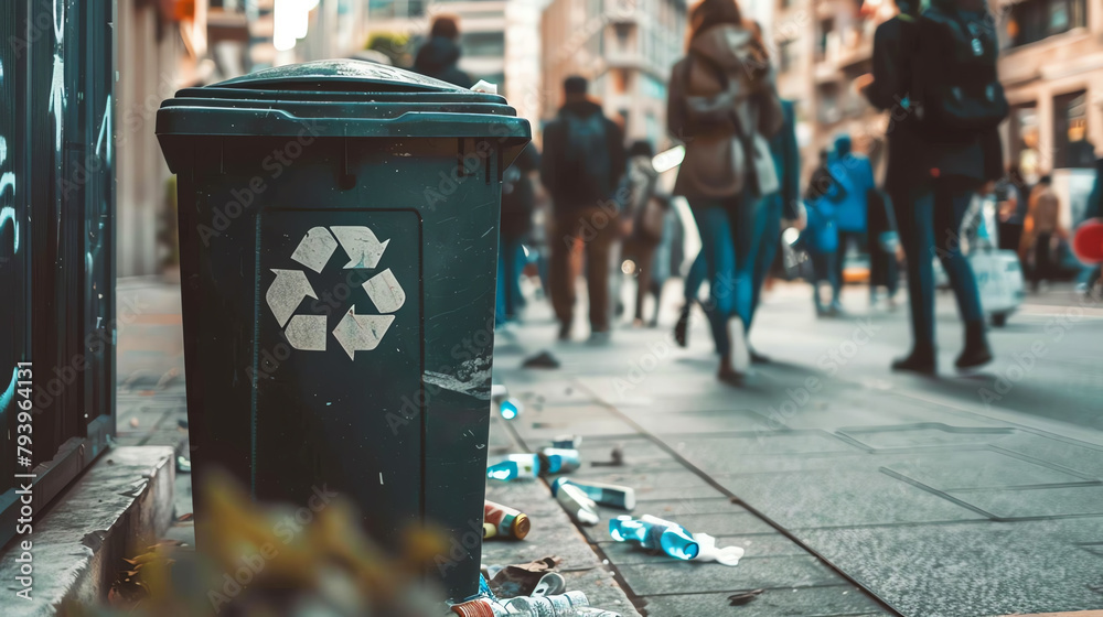 Obraz premium A recycle bin on a city sidewalk, with pedestrians in the background, representing urban efforts to support recycling and sustainability.