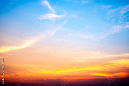 Beautiful , luxury soft gradient orange gold clouds and sunlight on the blue sky perfect for the background, take in everning,Twilight, Large size, high definition landscape photo photo