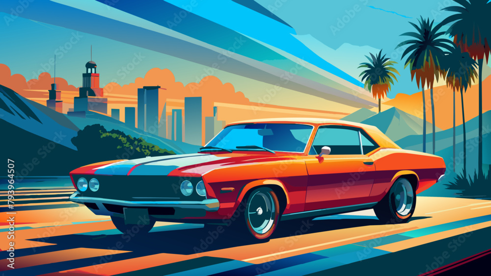 A sports car on the road.The road into the distance. The car rushes along a picturesque road.Let's go! An illustration of a car ready for new discoveries in the vast expanses. mustang A sports car on the road.The road into the distance. The car rushes along a picturesque road.Let's go! An illustration of a car ready for new discoveries in the vast expanses. mustang