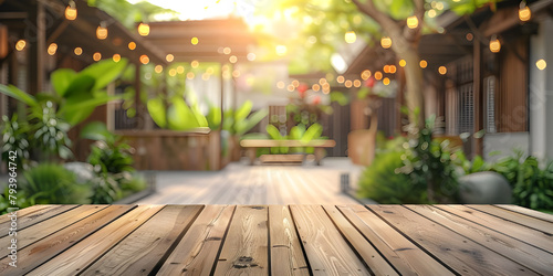 Wooden Deck Table with Blurred Green Courtyard Background, Green Courtyard Background with Empty Wooden Deck Table - Ai Generated