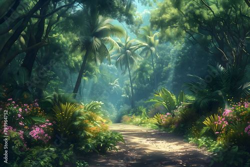 Path traversing through a lush jungle. As you follow the path, the sunlight filters through the canopy above, casting dappled shadows on the forest floor