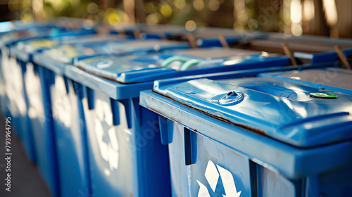 A series of blue recycle bins lined up at a community recycling center, each bin clearly marked for different recyclable materials. photo