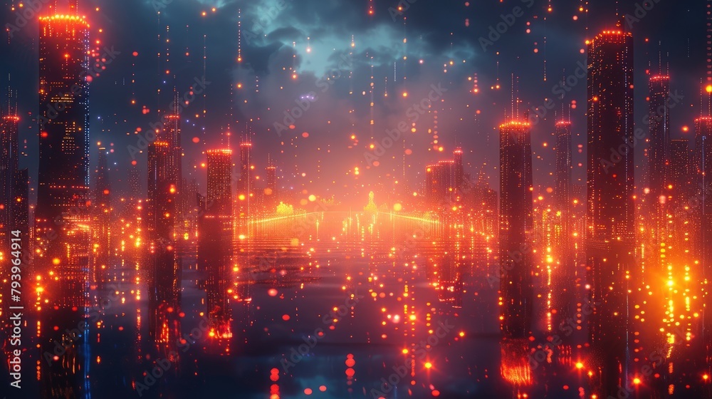 A digital painting of a city with red lights and a starry night sky. A digital painting of a city with red lights and a starry night sky.