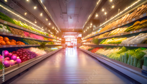 Blurred background of a light modern supermarket interior, sweet romantic moment on digital art concept, Generative AI.