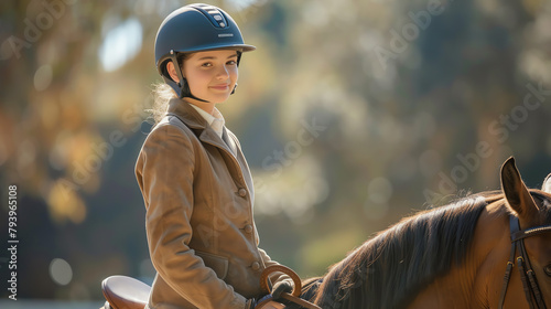 A teenage rider at an equitation class, glancing at the camera while mounted on a graceful horse, highlighting the elegance of horseback riding.