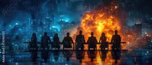 A group of people are sitting at a table, having a meeting. In the background, a city is on fire.