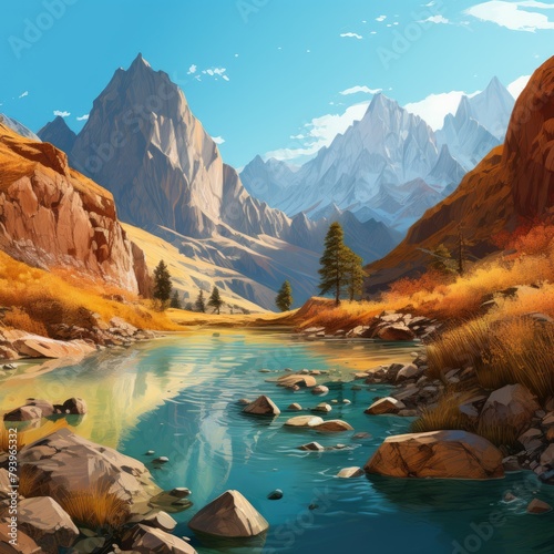 Oil painting Mountain river, setting sun. In orange and turquoise tones. Tourism, travel. Interior