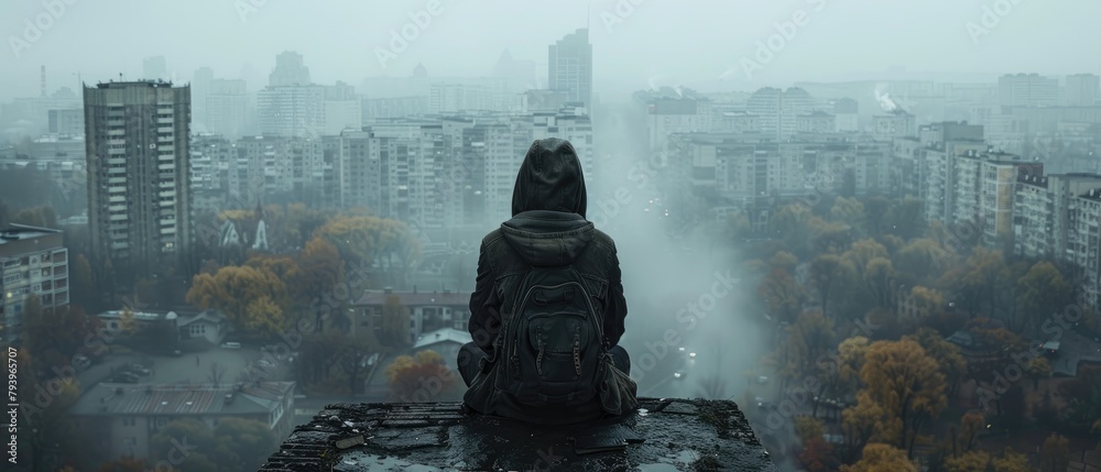 A lone figure sits on a rooftop overlooking a rainy city. A lone figure sits on a rooftop overlooking a rainy city.