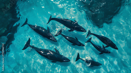 Aerial view of a pod of whales migrating through crystal-clear waters, the gentle giants casting shadows on the sea floor, epitomizing peaceful coexistence. © arhendrix