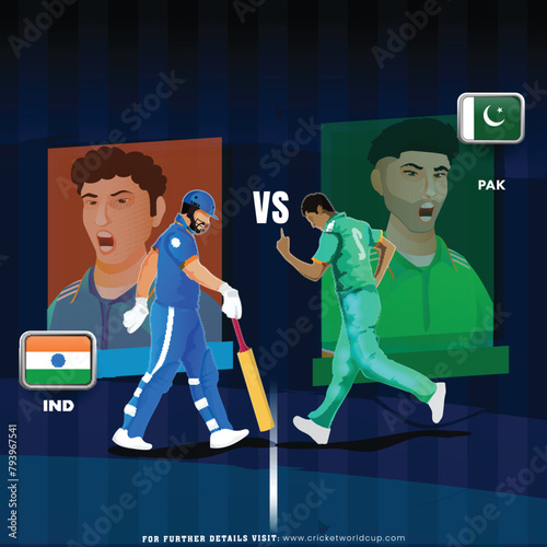 T20 Cricket Match Between India VS Pakistan Players on Blue Stripe Background. Advertising Poster Design.