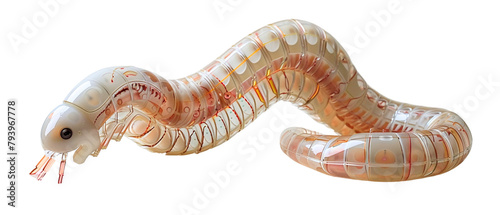 robotic tapeworm coiled on the blank canvas, its segmented body stretching and contracting with simulated digestion.
