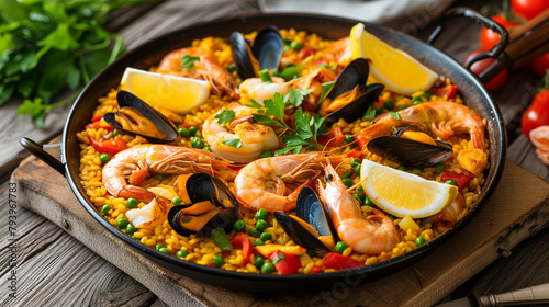Seafood paella in a traditional pan