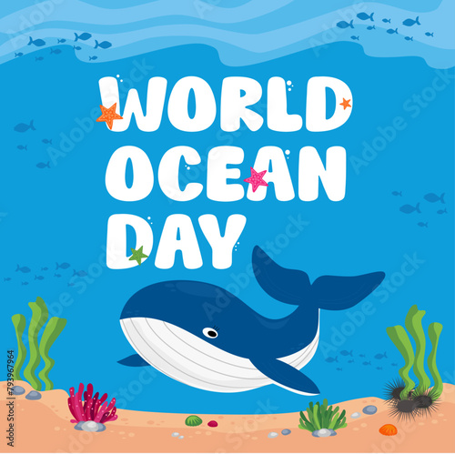 World Ocean Day square social media banner poster with whale, algae, fish, coral, sea urchin and starfish