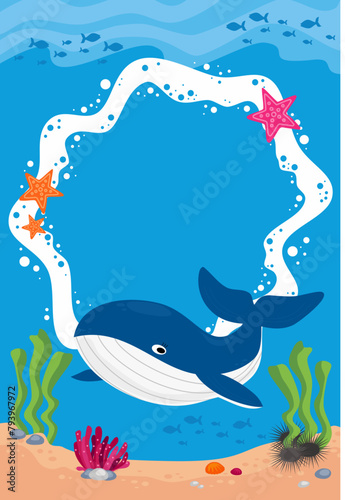 ocean frame banner poster with whale, algae, fish, coral, sea urchin and starfish