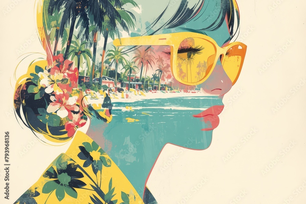 collage in the style of graphic design and illustration, palm trees, yellow sunglasses, woman with colorful headwear, beach scene