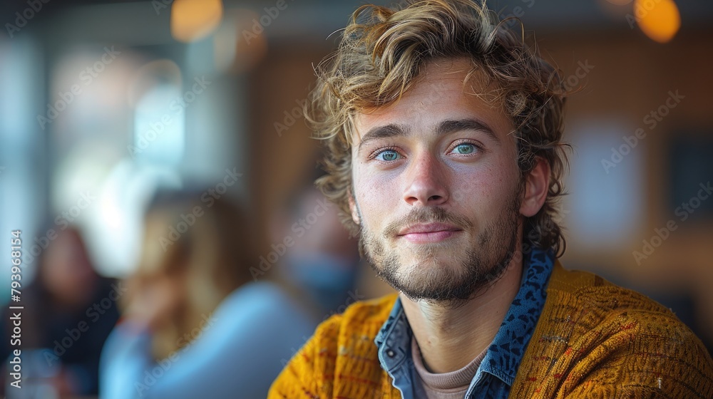 A photo of a young man with blond hair and blue eyes, wearing a yellow sweater A photo of a young man with blond hair and blue eyes, wearing a yellow sweater