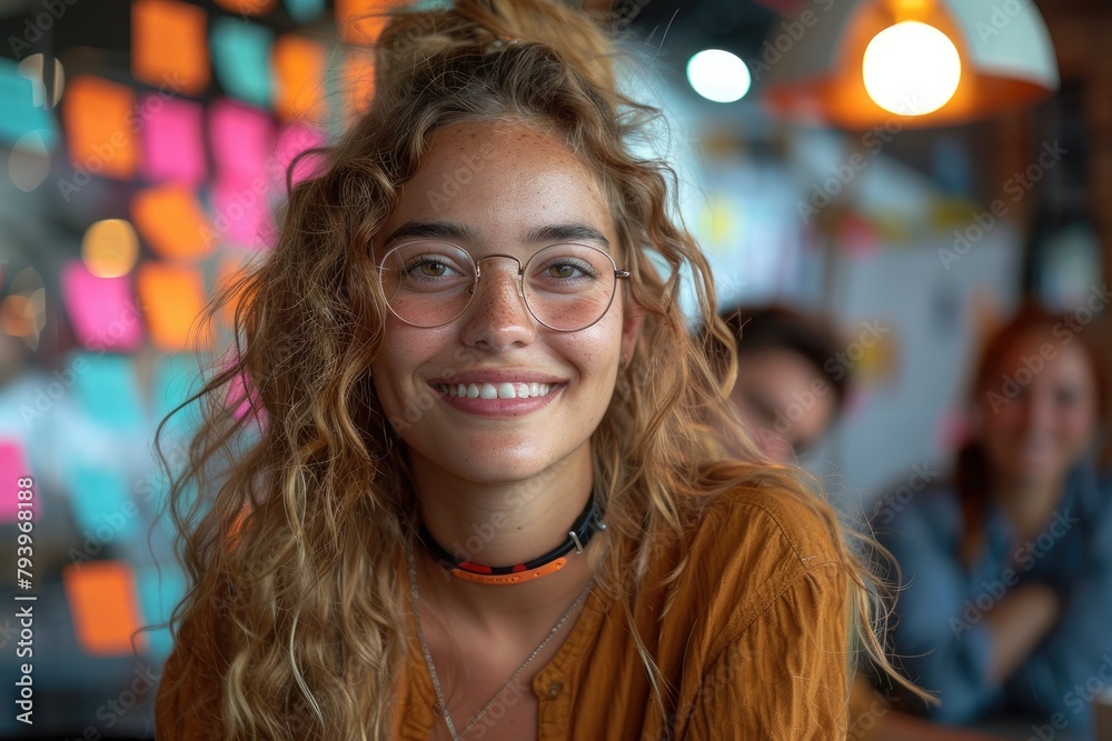A photo of a young woman smiling with curly hair and glasses in an office environment.
